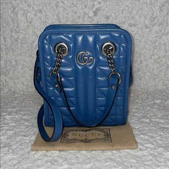 Gucci GG Aria Marmont Matelasse Quilted 2-Way Crossbody Shoulder Bag Blue 696123 - Picture 1 of 16